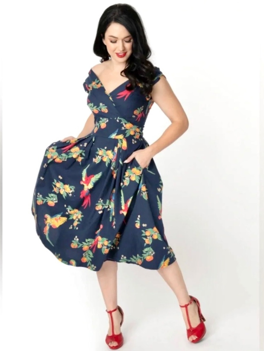 EMILY AND FIN Florence Retro Sleeveless Dress in Navy Parrot Print - 1X